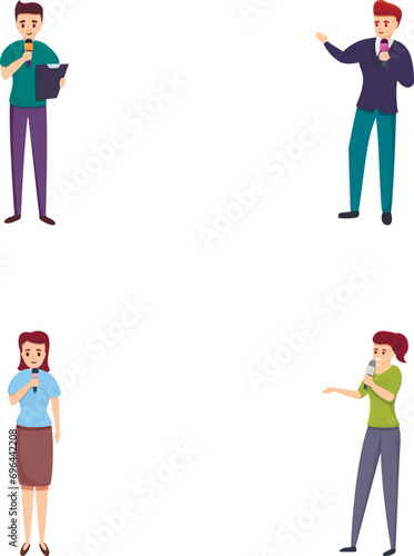 Reporter icons set cartoon vector. Male and female journalist with microphone. Television, journalism