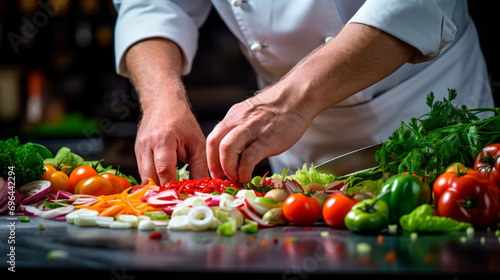Close-up hands of Chef preparing a dish of fresh vegetables, a rich assortment of tomatoes, peppers, celery greens and chopping products. Horizontal banner for cafe, restaurant.Culinary art.Copy space