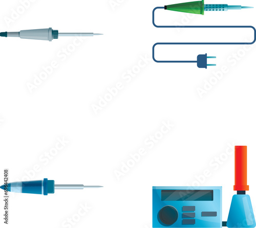 Soldering station icons set cartoon vector. Various type of soldering iron. Electronics repairing equipment