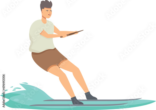 Happy boy water skiing icon cartoon vector. Equipment beach. Surfer sea wave