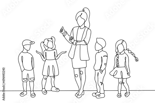 Social teacher. Children. One line photo