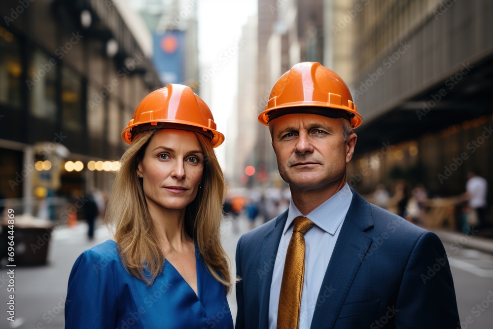Business man and business woman both wearing hard hats with an office block behind them. Business man and business woman both wearing hard hats with an office block behind them.