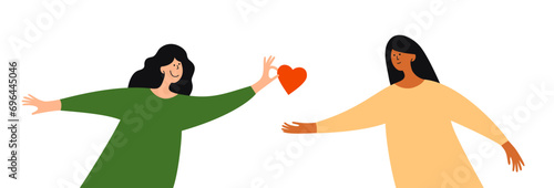 Charity, donate vector illustration. Diversity women sharing love. Donation, help care people, friendship, donor, helping hand concept. Woman giving heart shape girl friend. Female social support fund