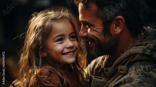 A happy little girl in the arms of her military father © Daniel