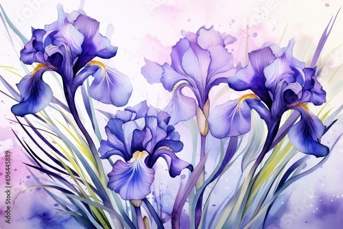 Nature plant art background summer floral purple background watercolor blossom spring flowers iris