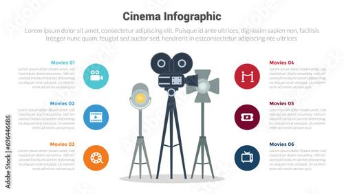 movies or cinema infographics template diagram with old camera and lightning set tripod with 6 point step creative design for slide presentation