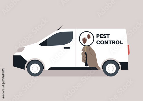The pest control van prominently displays a logo featuring a magnifying glass focused on bed bugs, emphasizing their commitment to thorough pest inspection and eradication