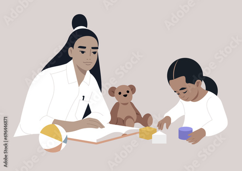 Family moment, a parent reading a book aloud while the child enjoys playing with building blocks