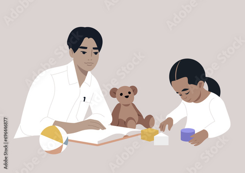 Family moment, a parent reading a book aloud while the child enjoys playing with building blocks