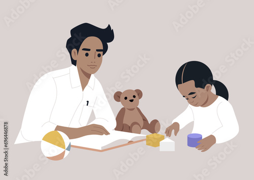 Family moment, a parent reading a book aloud while the child enjoys playing with building blocks