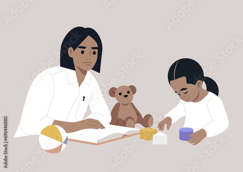 Family moment, a parent reading a book aloud while the child enjoys playing with building blocks
