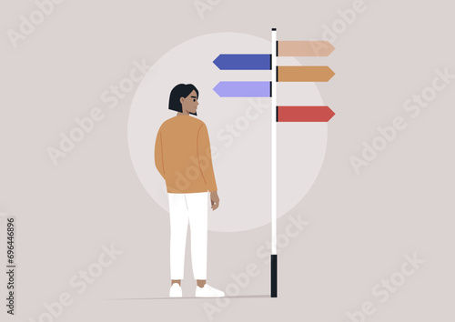 A pivotal moment for a character standing before a signpost adorned with multiple directional arrows, symbolizing various life paths, signifying a decision with profound implications