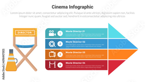 movies or cinema infographics template diagram with director chair and loudspeaker with 4 point step creative design for slide presentation