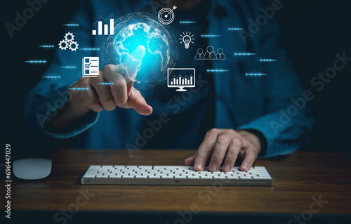 Man hand showing transformation of ideas in business in the digital age, enhancing global business capabilities. Ai Digital transformation technology strategy, IoT, internet of things. 