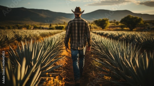 Fotografie, Obraz Man in cowboy hat inspects agave plant