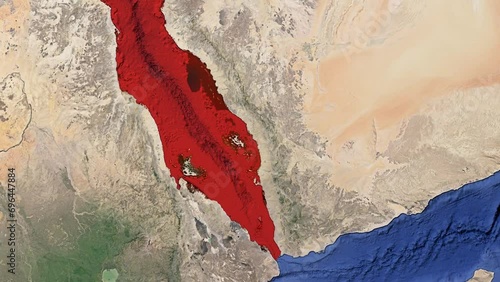 No Text animated satellite map of the Red Sea highlighted in red. Mandab Strait and Suez Canal visible. The region is experiencing political events related to the war in Gaza, Yemen Houthis, an Israel photo