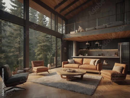 Mid-century loft home interior design of modern living room in house in forest