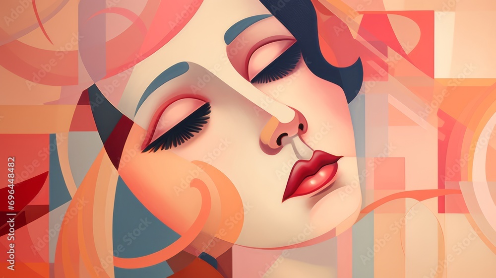 face of a woman in cubist style on pink background