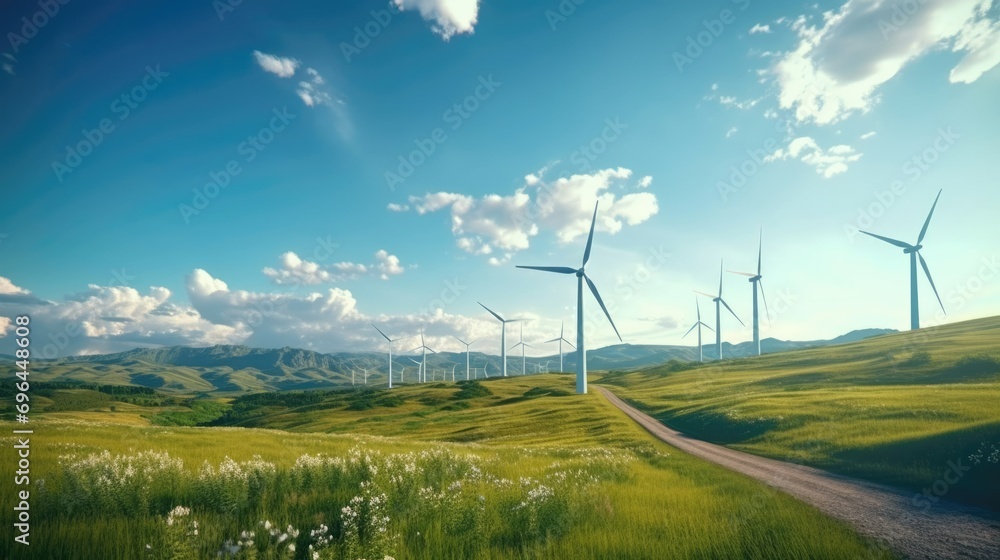 Lots of big wind turbines. Eco windmill farm. Renewable sustainable energy sources. Save planet concept. Alternative power generation. Many air mill meadow. Green clean ecological electricity resource