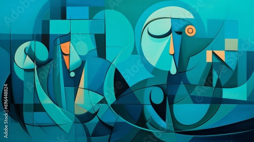 face of a woman in cubist style on sky blue background