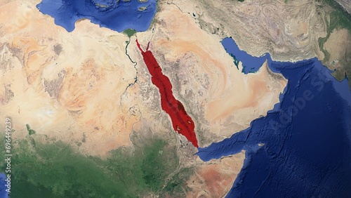 No text map of the Red Sea highlighted in red, with the Mandab Strait and Suez Canal visible. The region is currently experiencing political events related to the Gaza War, Houthis, Israel