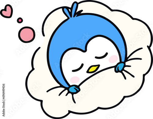 かわいい青い鳥の子どもが布団で寝ているイラスト