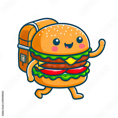 Illustration of Burger walk with backpack in a cartoon Sticker design style