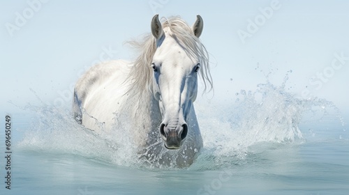 Captured in perfect clarity, a white horse enjoying a refreshing moment in the water, the pristine white background enhancing the purity and grace of the equine beauty.
