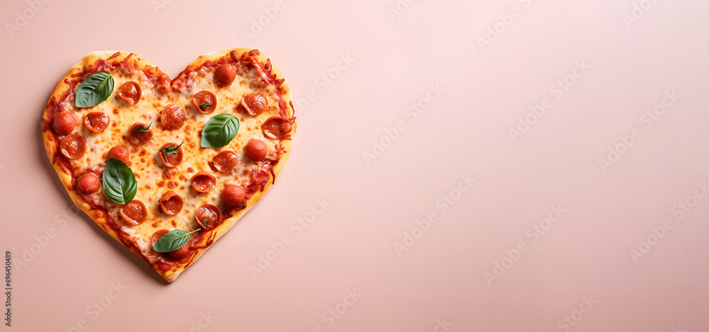 Pizza in the shape of a heart on a pink background Pizza in the shape of a heart on a pink background