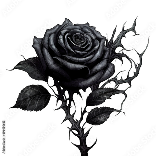 black rose with black thorny branch on transparent background Generative AI photo