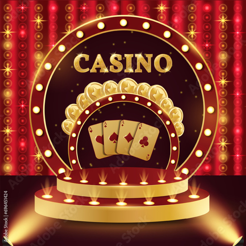 Casino podium. 3d retro casino podium. Podium with coins and playing cards. Casino scene, stage, studio or room.