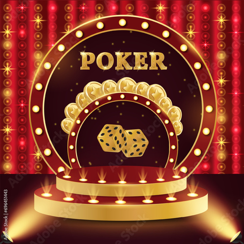 Casino podium poker. 3d retro casino podium. Podium with coins, dice and poker. Casino scene, stage, studio or room.