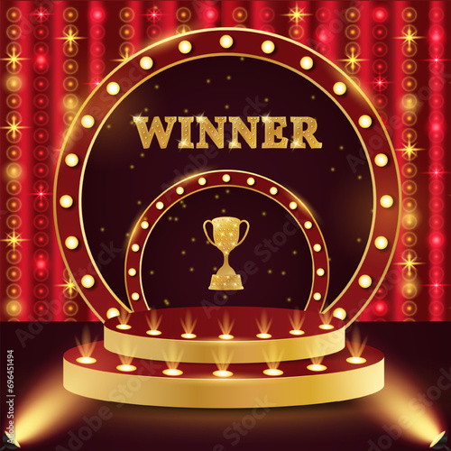 Casino podium winner. 3d retro casino podium. Podium with cup and winner. Casino scene, stage, studio or room.
