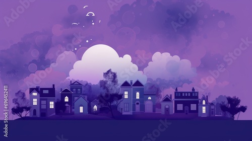 Illustration of iconic images in flat doesidng style of men and women in everyday life moments with objects and situations expressing emotions on a purple background with space for text 