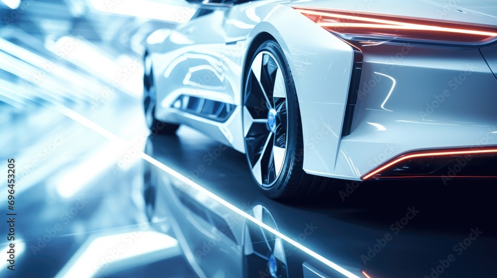 A futuristic sleek and aerodynamic car driving through a neon-lit tunnel.
