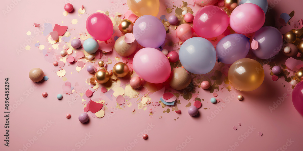 Pink background with balloons, decoration, confetti, sparkles, lights. Top view. Flat lay. Anniversary. Banner for birthday, party, Generative Ai.