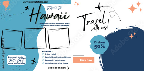 Travel sale social media post template. Summer beach holiday promotion flyer with agency logo and icon. Traveling business marketing poster. Travelling web banner with abstract digital background.