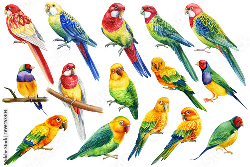 Tropical bird. Set Parrots on isolated white background, bright exotic bird watercolor painting, lovebirds and rosella  photo