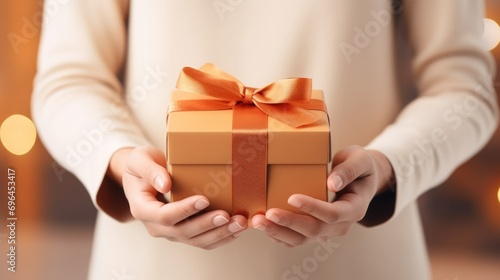 A person's hands holding a gift box with a brown bow on a festive celebration background. 