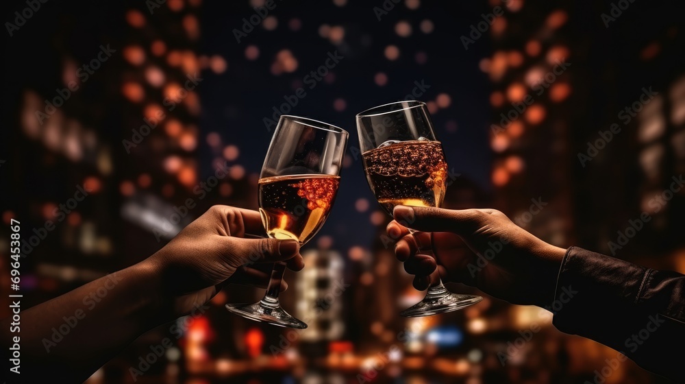 A woman holds a glass of champagne in front of a festive celebration background. A woman holds a glass of champagne in front of a festive celebration background.