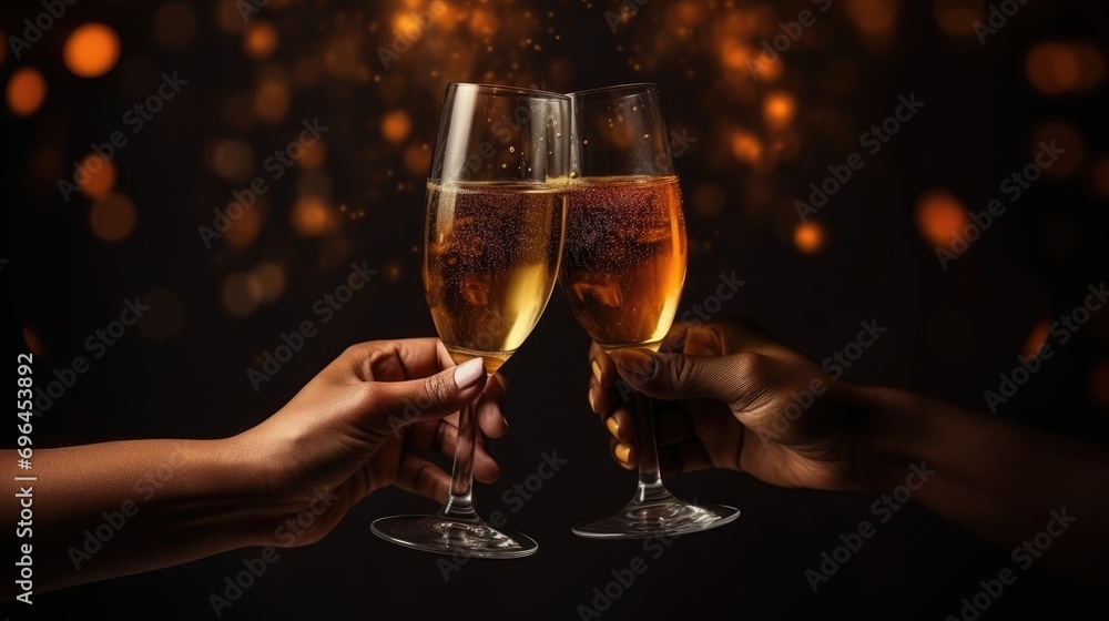 A woman holds a glass of champagne in front of a festive celebration background. A woman holds a glass of champagne in front of a festive celebration background.