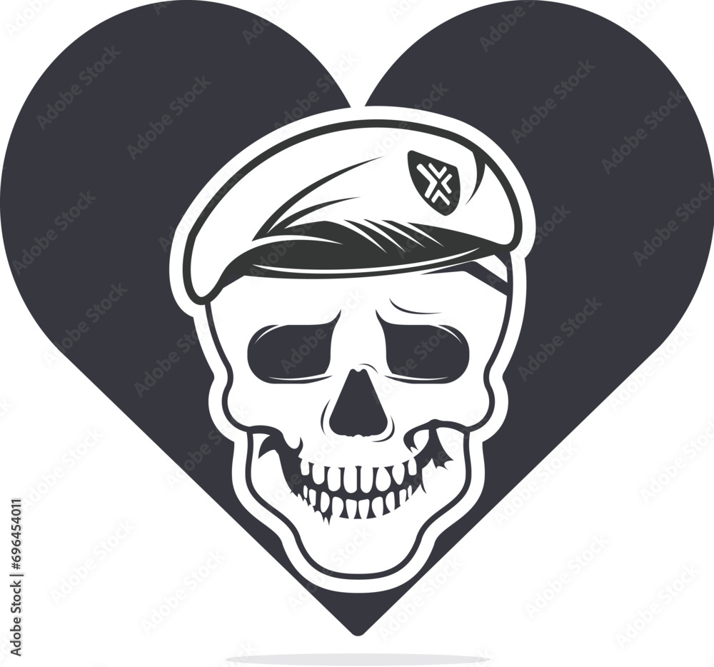 Skull in soldier helmet with heart shape vector logo design.