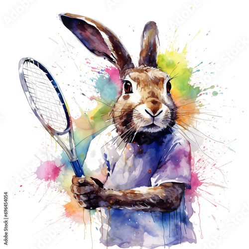 Watercolor hare, isolated, Hare tennis player style image, bright image, watercolour style on white background