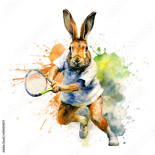 Watercolor hare, isolated, Hare tennis player style image, bright image, watercolour style on white background