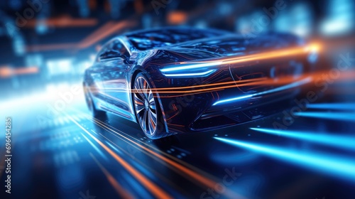 A futuristic car speeds through a tunnel, its sleek body and neon lights creating a sense of motion and excitement. photo