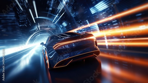 A futuristic car speeds through a tunnel, its sleek body and neon lights creating a sense of motion and excitement.