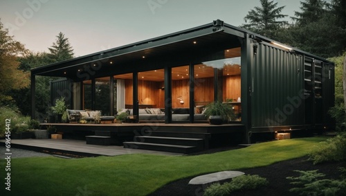 Modern container house with dark metal paneling and green backyard photo