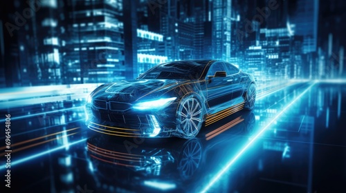 A futuristic sleek and aerodynamic car driving through a neon-lit tunnel. © Aris Suwanmalee
