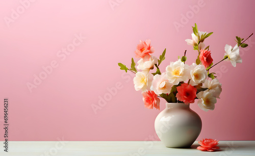 The image is a still life photography of a vase with flowers against a wall. The flowers include roses and other types of cut flowers.