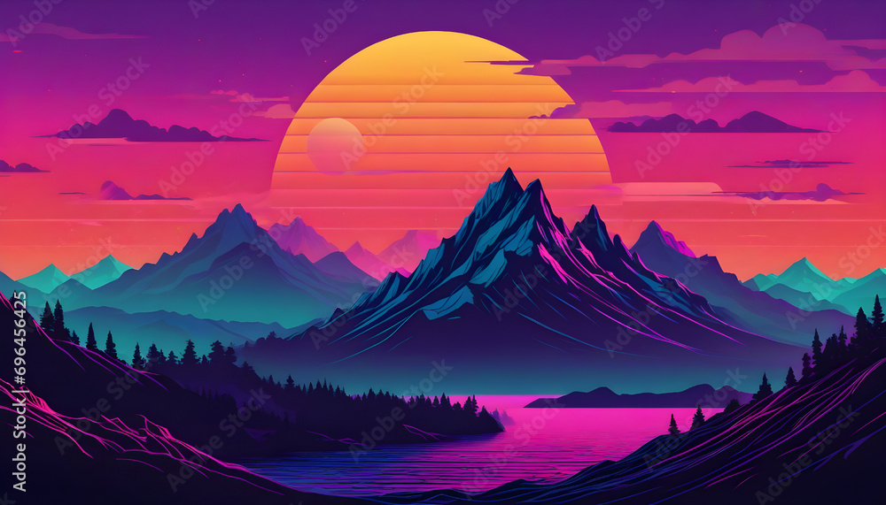 Beautiful sunset over mountains and lake. Generative AI
